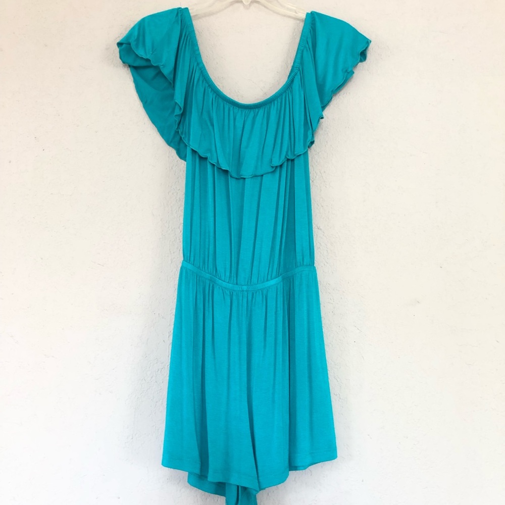 Bright Teal Off-The-Shoulder Flowy Romper